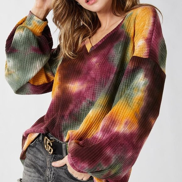 BIBI Tie Dye Waffle Knit Oversized Long Sleeve Shirt - Picture 5 of 16
